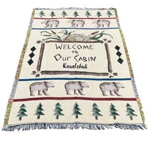 Welcome to Our Cabin Kawalchuk Bears Pine Trees Cotton Tapestry Afghan Throw